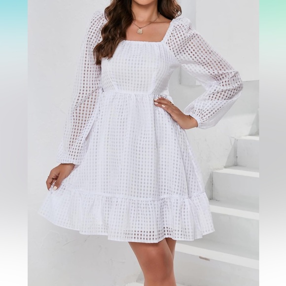 Womens Puff Sleeve Square Neck Puffy Dress Babydoll Mesh Mini Dress L - Picture 2 of 5